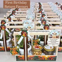 To show the scale of my work, here is a large order of first birthday return gifts with a 'Lion King' theme. Each wooden crate is filled with a plant and jars of treats, all customized to make the celebration extra special.