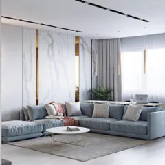 I designed this living room space to feel both luxurious and inviting. The centerpiece is a custom L-shaped sectional sofa in a soft, durable fabric, perfect for family gatherings. The clean lines of the sofa are balanced by plush cushions, creating a modern yet comfortable atmosphere that can be adapted to any contemporary home.