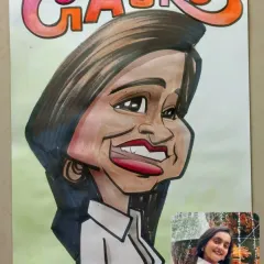 A vibrant, colorful caricature of a client, created from the small reference photo shown in the corner. I can work from any clear picture to create a personalized piece of art.