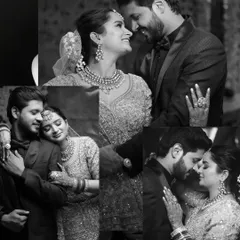 A romantic black and white collage of a couple sharing tender moments. The different angles and expressions tell a story of love and intimacy.
