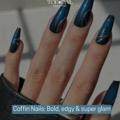 Embrace your edgy side with these bold, super glam coffin nails. This design features a deep blue matte base with intricate, shimmering silver line work, demonstrating our skill in creating dramatic and fashionable nail shapes.