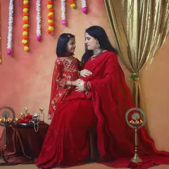 The special bond between a mother and her daughter as they wait for the new baby. The flowing red saree and traditional decor make this maternity photo feel so timeless and elegant.