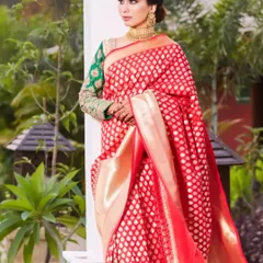 The elegance of a traditional saree for a reception. The bride looks absolutely regal in her red Banarasi saree, with her bold eye makeup and classic updo creating a sophisticated and timeless look.