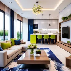 Another view of the vibrant open-plan living area. The design ensures a seamless flow between the living, dining, and kitchen spaces.