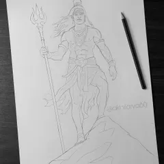 A work-in-progress outline sketch of Lord Shiva standing on a mountain peak. This is the first step before the detailed shading process begins for my Mahadev artworks.