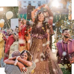 A collage capturing the essence of a Phoolon Ki Holi celebration. It's all about love, laughter, emotional hugs, and the vibrant beauty of flower petals showering the happy couple.