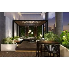 This terrace design creates an intimate evening ambiance with warm, low-level lighting. The space includes a covered seating area with a green wall and an open-air dining spot, perfect for city nights.