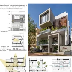 The 'Belaku' project featured in a publication on contemporary Indian houses, showcasing its architectural drawings and facade details.