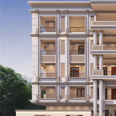 Another angle of the palatial project render, highlighting the symmetrical design and the rhythmic pattern of its architectural elements.