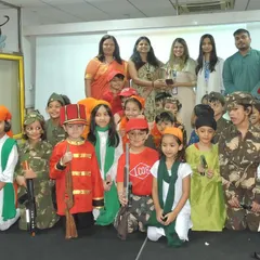 A group photo captures the patriotic spirit of our 'Jashn-e-Azadi' inter-house competition, with students dressed as freedom fighters and national heroes alongside our teachers and esteemed guest judge.
