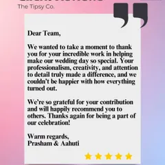 "Your professionalism, creativity, and attention to detail truly made a difference." This wonderful feedback from a happy couple shows our commitment to going above and beyond for every wedding.