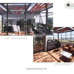 Another view of the enclosed terrace concept. This image highlights the wooden flooring and the spacious feel created by the floor-to-ceiling glass walls, all under the unique jali roof.
