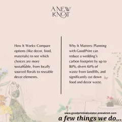 How does it work? Our GoodPrint calculator helps compare options to see which are more sustainable, from reusable decor to local florals, reducing waste by up to 60%.