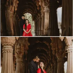A diptych showing different poses within the grand, pillared hallway of a palace. The repeating arches create a wonderful sense of depth and grandeur for these royal pre-wedding photos.