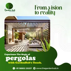 We take your vision to reality. This modern, slatted pergola provides filtered sunlight, creating a beautiful and functional extension of the home's living space.