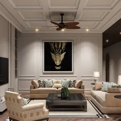 A concept for a family lounge that blends classical elegance with modern comfort. Neoclassical wall mouldings and a coffered ceiling are paired with plush sofas and a striking piece of contemporary art.