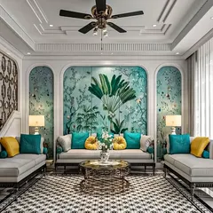 This living room showcases a grand, nature-inspired aesthetic with a custom mural wallpaper and elegant archways. The design combines classic elements with bold colors like teal and yellow for a vibrant yet sophisticated feel.