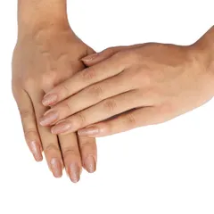 A model's hands showing the applied glitter nail polish. This on-model shot for e-commerce helps customers see the final look and color on a real person.