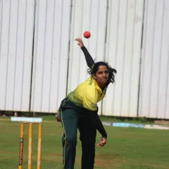 A powerful bowling action from one of our women cricketers during a practice match. We coach our players to develop an athletic and repeatable action.