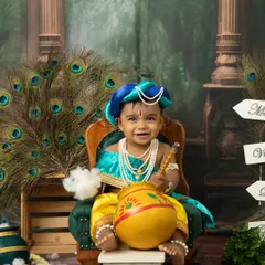 A mischievous smile from another adorable Krishna. I provide a variety of costumes and props to make each Janmashtami photo unique and special.