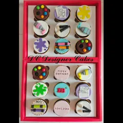 Perfect for an art lover's 18th birthday, these cupcakes are decorated with handmade fondant toppers. The designs include paint palettes, brushes, crayons, and tubes of paint.