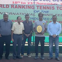 Our player Sehaj Singh after winning the ITF Juniors J60 Guwahati Doubles title. Competing and succeeding in ITF events is a key goal for our top junior players.
