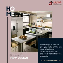 Entertainment can be integrated anywhere, even in the kitchen. This setup features an innovative pop-up projector screen installed within the kitchen island, offering a state-of-the-art display that disappears when not in use.