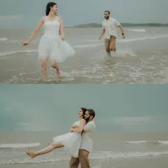 A collage of playful moments by the water. From running in the waves to being swept off her feet, this shows the fun and joy of a beach pre-wedding shoot.