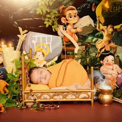 A detailed view of the "Jai Shree Ram" cultural theme, showcasing the custom-made props, including cartoon depictions of Ram, Hanuman, and a havan kund.