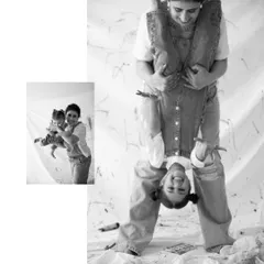 The world turned upside down with laughter. This playful moment from a 'Paint Me' session perfectly captures the fun-loving side of motherhood.