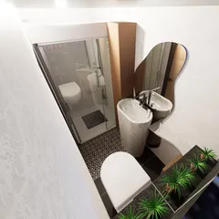 I believe in nurturing new talent. This is a compact and functional bathroom concept from one of our interns, designed to fit a steam bath, storage, and greenery into a very small 40 sq.ft. space.