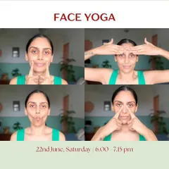 A promotional graphic for my International Yoga Day workshops, including Face Yoga, Blindfold Yoga, and Stick Yoga.