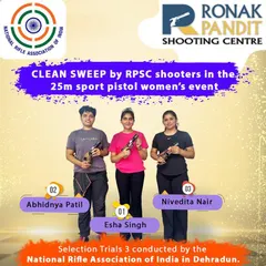 A clean sweep for RPSC. Our women shooters secured all three podium spots in the 25m Sport Pistol event at the National Selection Trials in Dehradun, with Esha Singh winning Gold, Abhidnya Patil Silver, and Nivedita Nair Bronze.