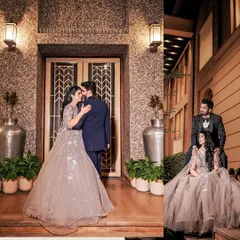 Creating outfits for the complete wedding story. For this couple's engagement, I designed a textured black tuxedo for the groom that complemented the bride's elegant gown, ensuring they looked like a perfect match.
