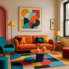 Bursting with energy, this postmodern living room celebrates creativity with its bold abstract art, playful mix of primary colors, and curved, retro-modern furniture.