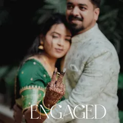 "Engaged!" This playful and happy photo perfectly captures the excitement of the moment. Her showing off the ring with a fun gesture adds a touch of modern personality to their traditional engagement shoot.