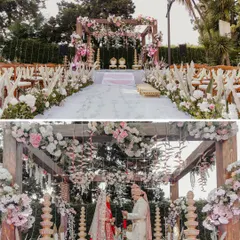 We transformed a family home in Ooty into this dreamy wedding destination. The wooden mandap was adorned with soft pink and white florals, creating an intimate and personal ceremony space right in their backyard.