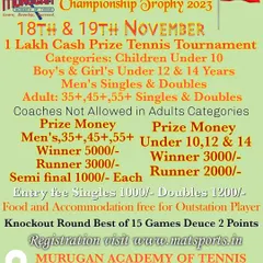 An announcement for our Kannada Rajyotsava Championship Trophy, a tournament with a 1 Lakh cash prize and categories from Under 10 to 55+ adults. We also offer free food and accommodation for outstation players.