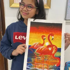 Another take on the flamingo theme, this time by a young teen using poster colors. It's great to see students take a subject and add their own unique style to it.