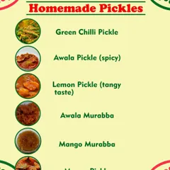 This is my complete menu of homemade pickles and murabbas. You can choose from Green Chilli Pickle, spicy Amla Pickle, tangy Lemon Pickle, sweet Amla Murabba, Mango Murabba, and the classic Mango Pickle.
