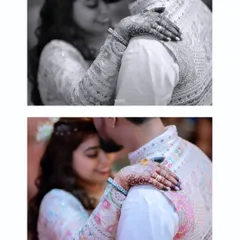 An artistic shot focusing on the bride's mehndi-adorned hand on the groom's shoulder, shown in both color and black and white.