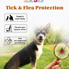 Don't forget tick and flea protection, especially in damp weather. Inspect your pet's coat daily, vacuum pet spaces often, and use vet-approved preventives to keep pests away.