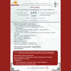 An invitation to the 48th National Seminar and Cultural Festival, highlighting the English session. The program includes a keynote address on "Bhakti in the Ramana Way" and a Ramananjali Orchestra performance.