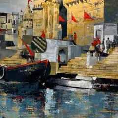 'Banaras Ghat', a 6x4 feet acrylic on canvas that captures the timeless spirit of Varanasi. The interplay of light, water, and architecture is something I love to paint. This piece has been sold.