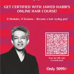 Get certified with my online hair course and become a pro stylist. This poster gives you all the details: 11 modules, 11 sessions, and a simple QR code to enroll and start your journey.