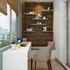 A bright and modern balcony office nook. This setup includes a sleek white desk, a comfortable chair, and a built-in bench with storage, all set against a warm wood-paneled wall with floating shelves.