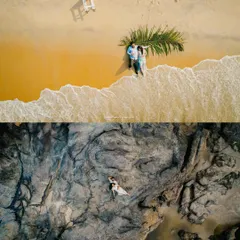 A collage featuring two stunning aerial views of couples at the beach. The top view captures them on golden sand, while the bottom shows them on dramatic coastal rocks.