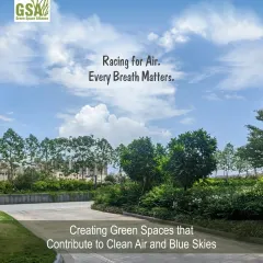 A view of the green spaces at L&T Business Towers, Mumbai, with our message about creating clean air and blue skies. This shows our commitment to integrating green infrastructure even in corporate settings, contributing to a healthier environment for workers and visitors.