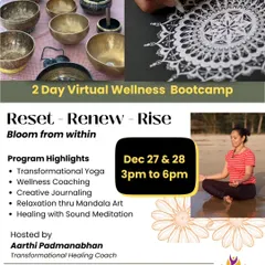 This is an invitation to reset, renew, and rise from the comfort of your home. My virtual wellness bootcamps are designed as a soft landing for your nervous system, blending yoga, coaching, art, and sound meditation to help you feel, heal, and reconnect.