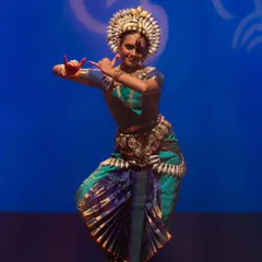 Meenakshi in another powerful pose, showcasing the strong lines and graceful mudras that are fundamental to Bharatanatyam. Each performance is a new chapter in a student's artistic story.